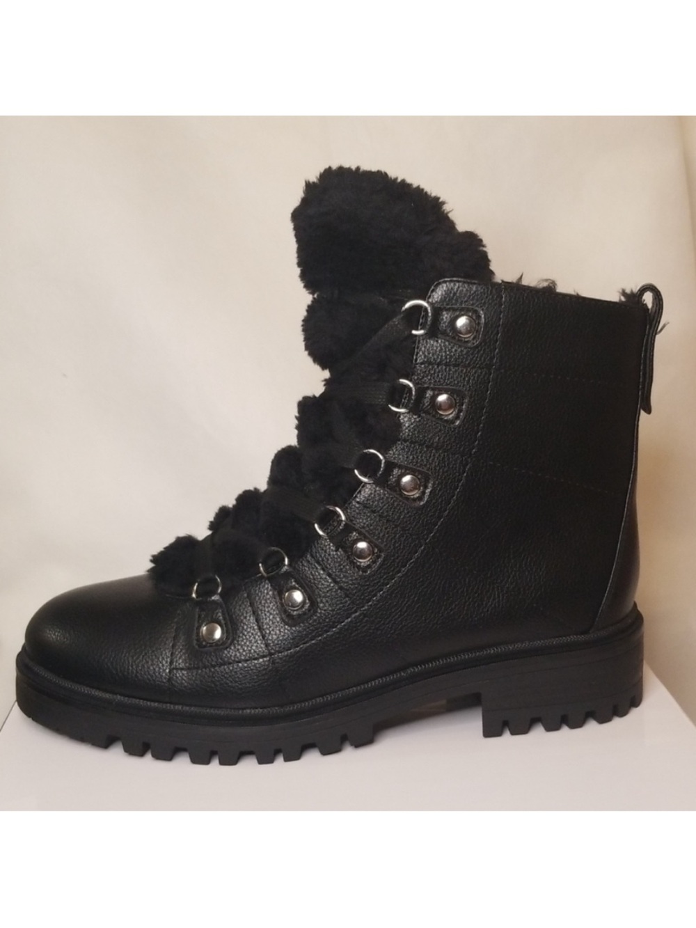 NINE EST WEATON BLACK Women’s Faux-Fur Lace-Up Combat Boot SIZE 8 M